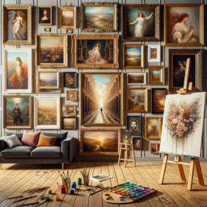 A wall showing dozens of artistic pictures with an easel and painting in the foreground.