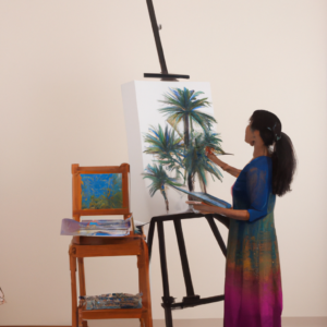 a young woman painting a beautiful scene on a canvas