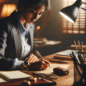 A realistic picture of a business woman writing at a desk